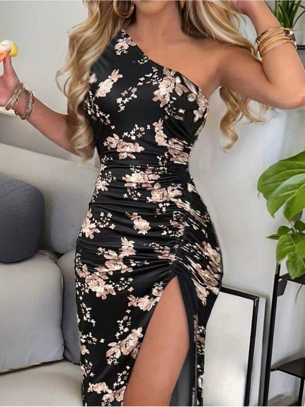 SHEIN Black One-Shoulder Floral Ruched Dress with Side Slit